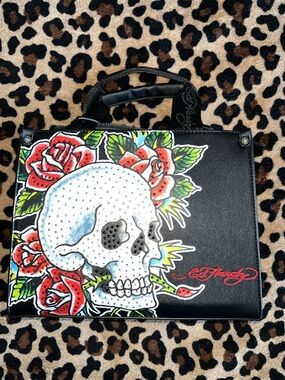 Ed Hardy Black Skull & Red Roses Top-Handle Satchel